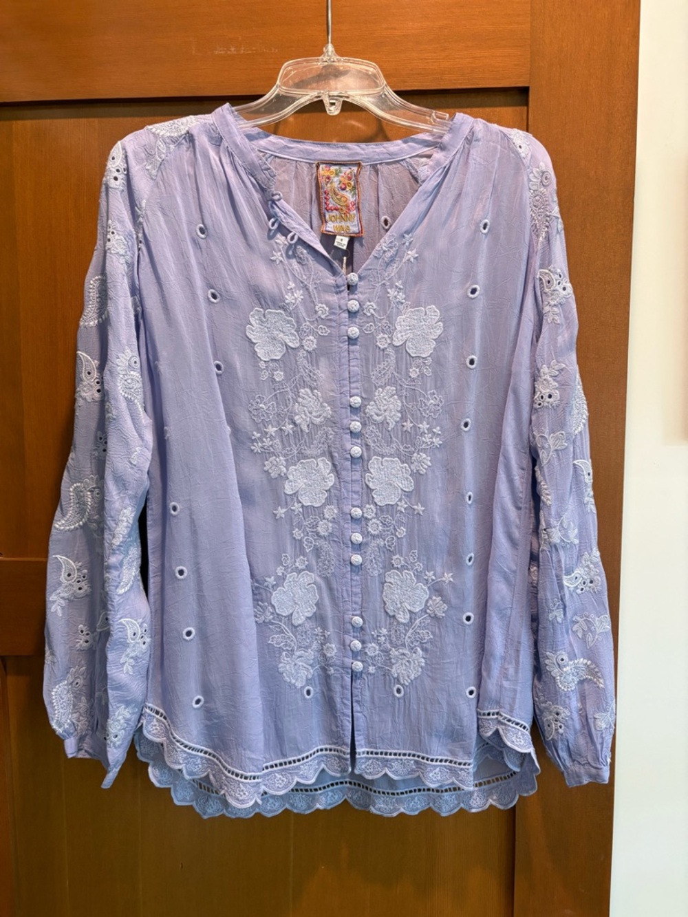 Johnny Was Lavender Embroidered Button-Front Blouse